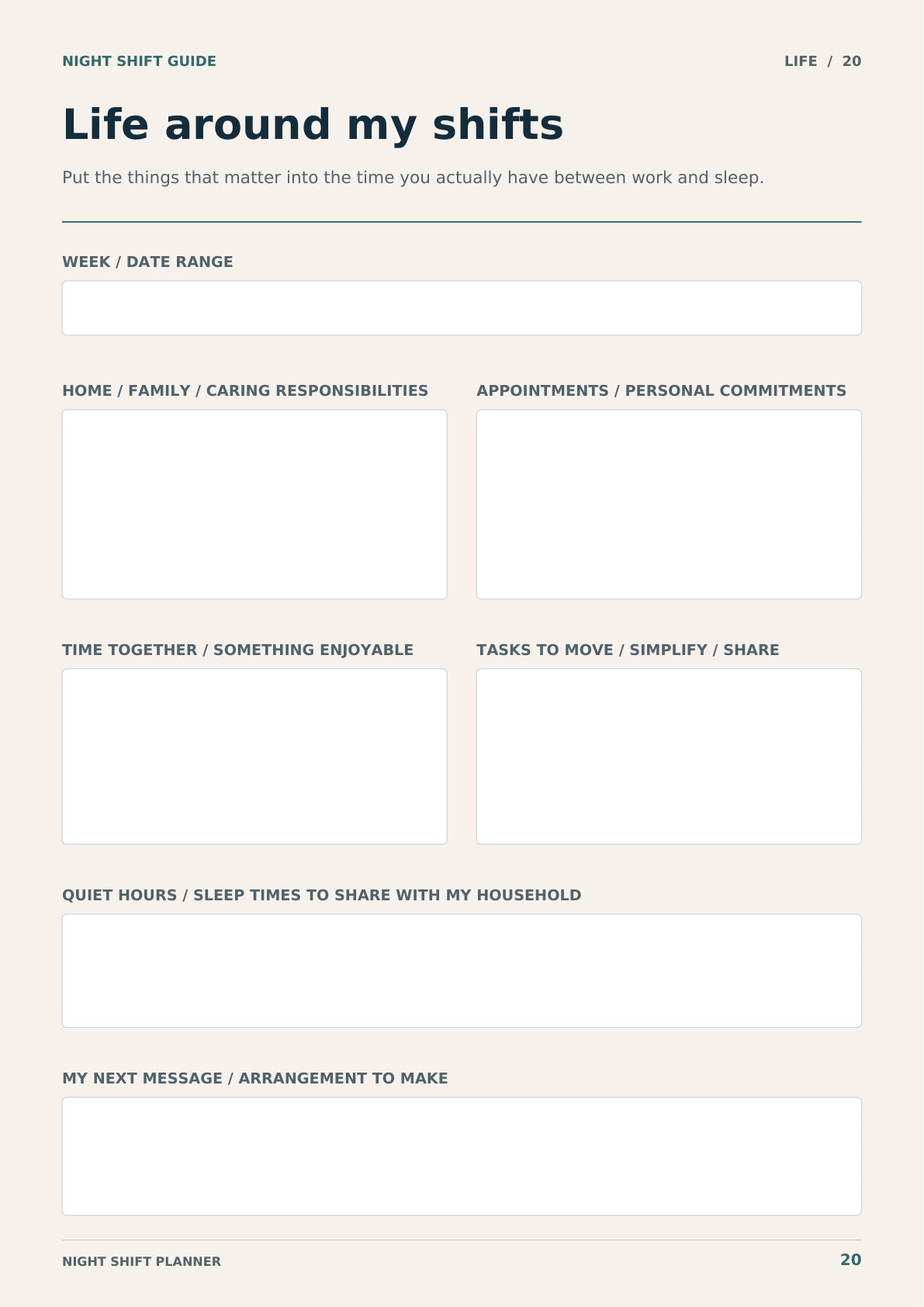 Life around my shifts: the actual home, family and personal commitments page.