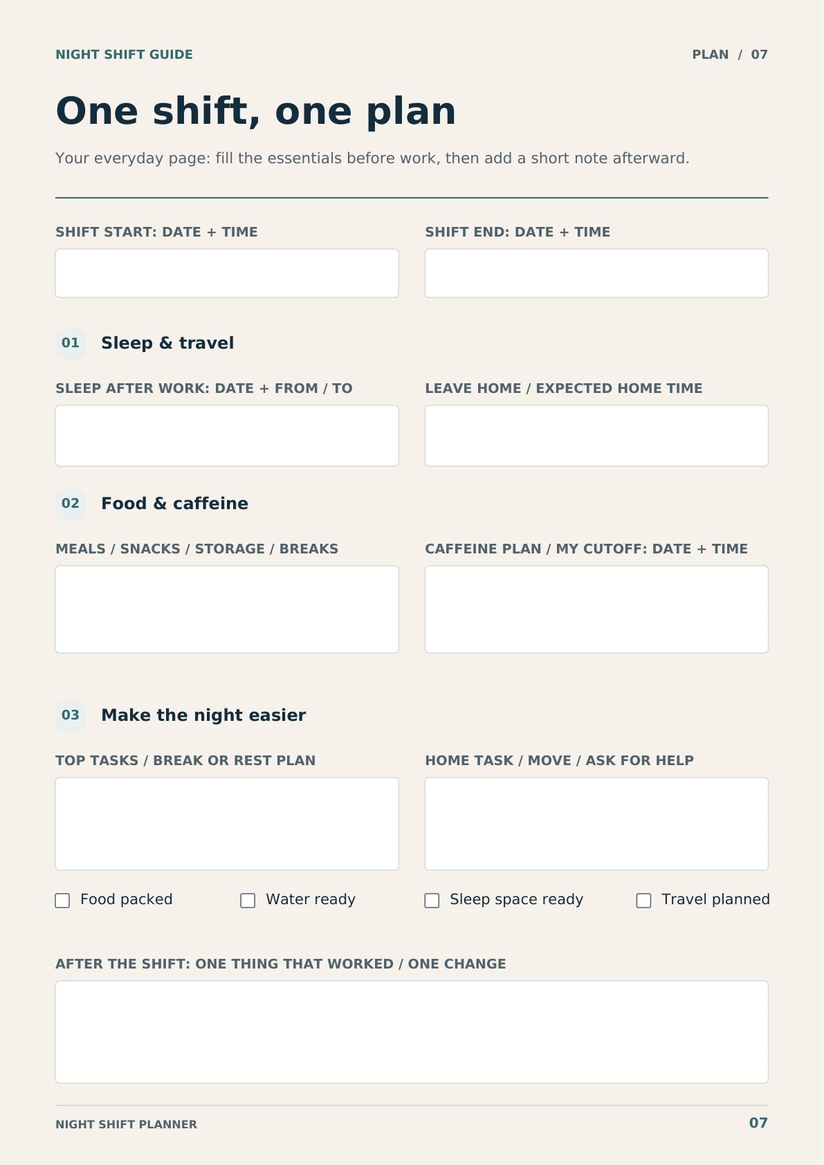 One shift, one plan: the actual daily planner page.