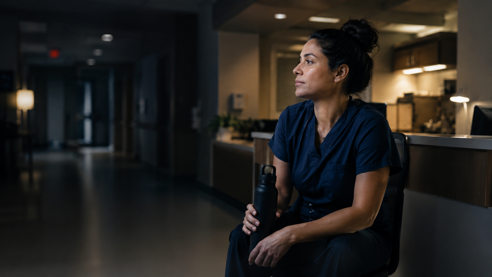 Night-shift healthcare worker taking a quiet break during an overnight shift