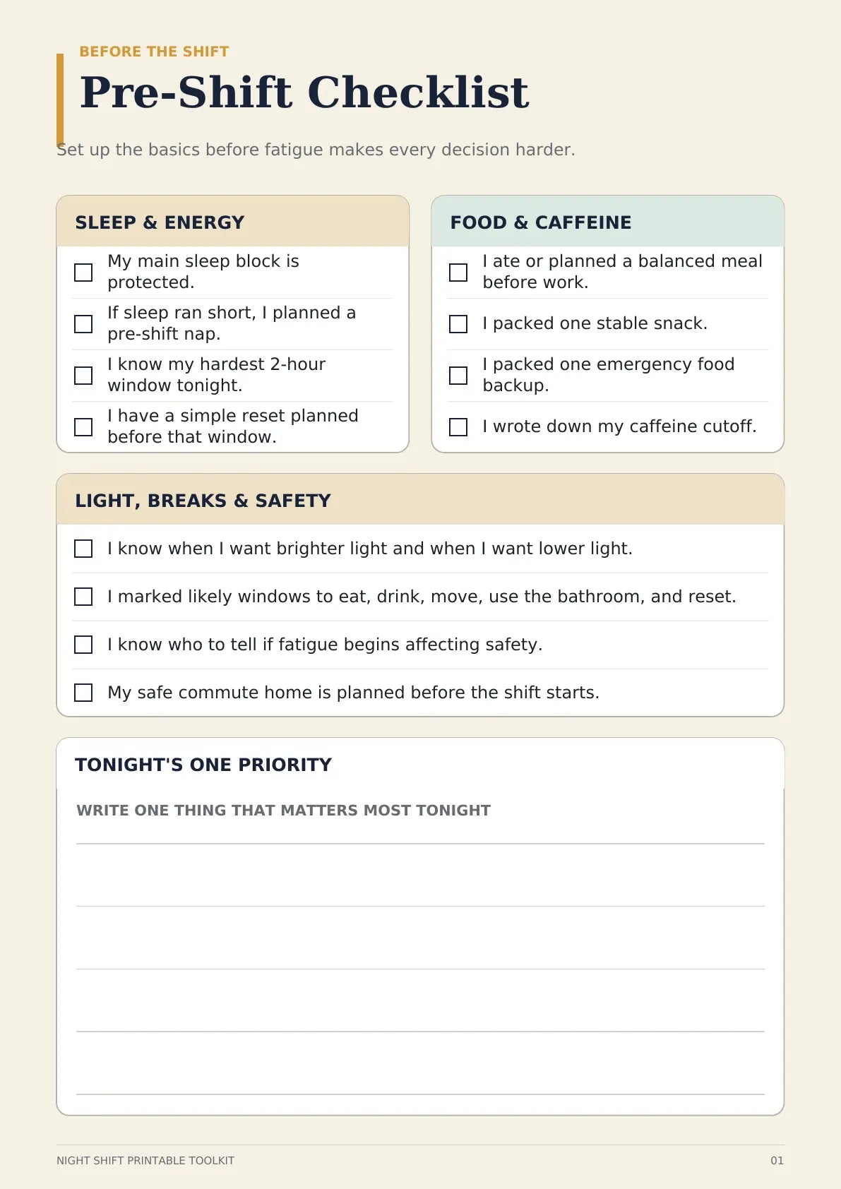 Pre-Shift Checklist printable page