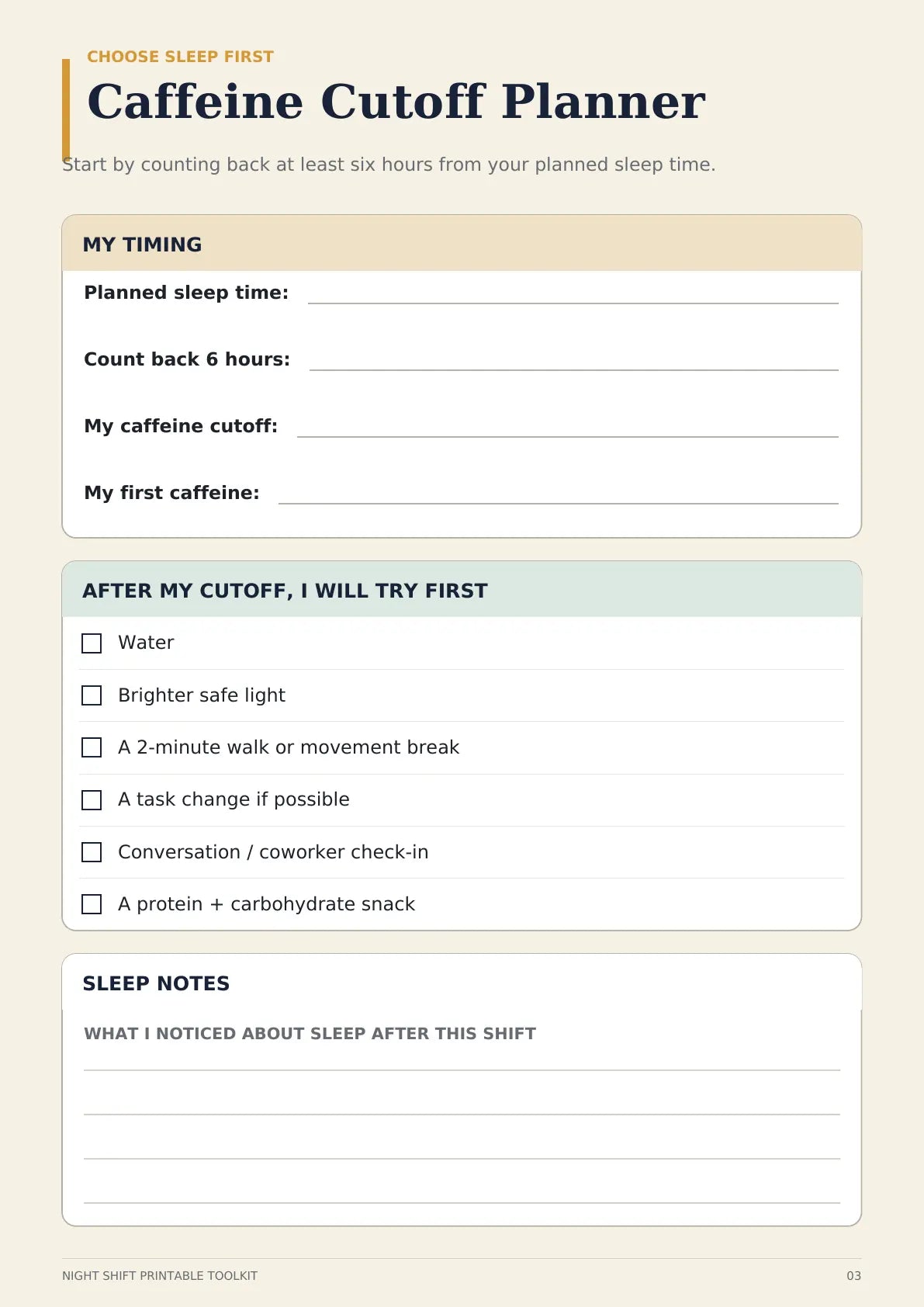 Caffeine Cutoff Planner printable page