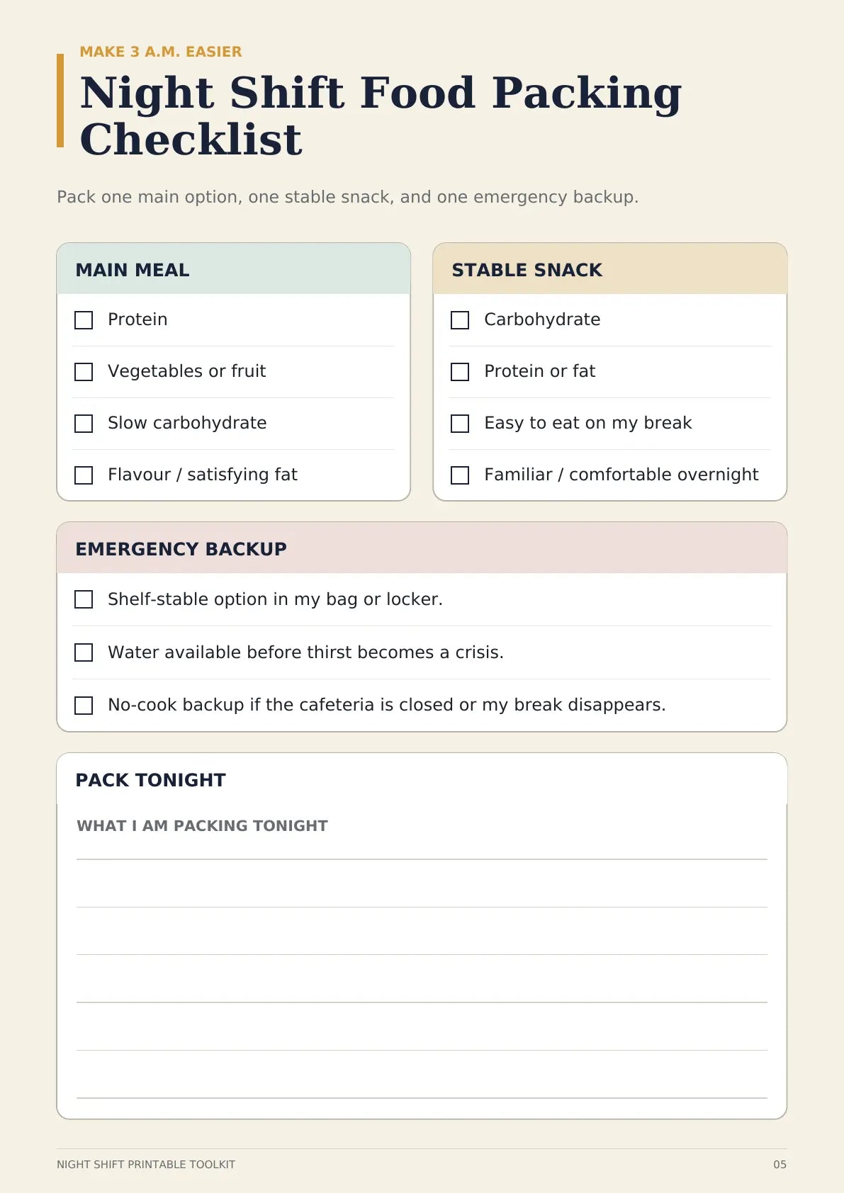 Night Shift Food Packing Checklist printable page