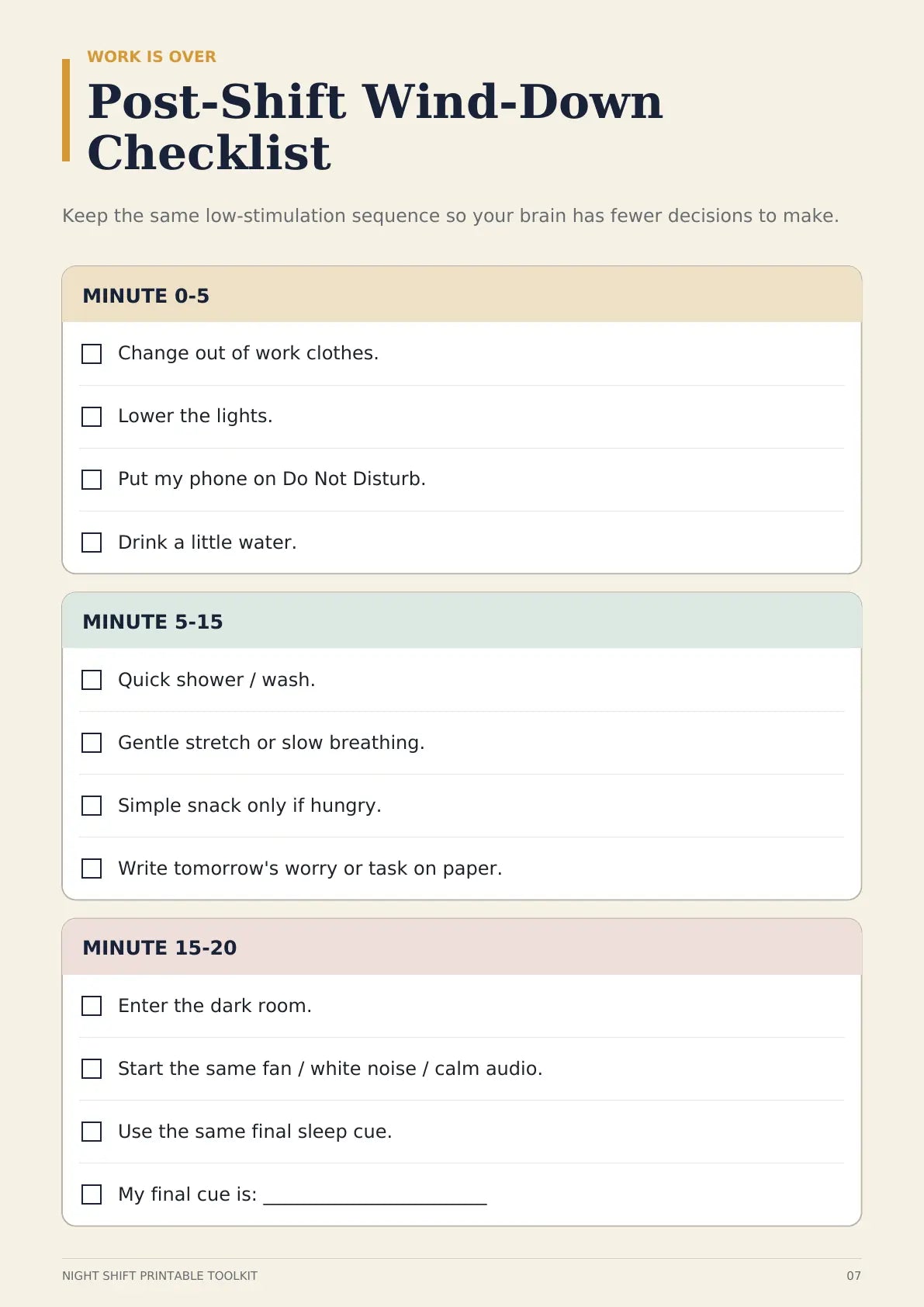 Post-Shift Wind-Down Checklist printable page