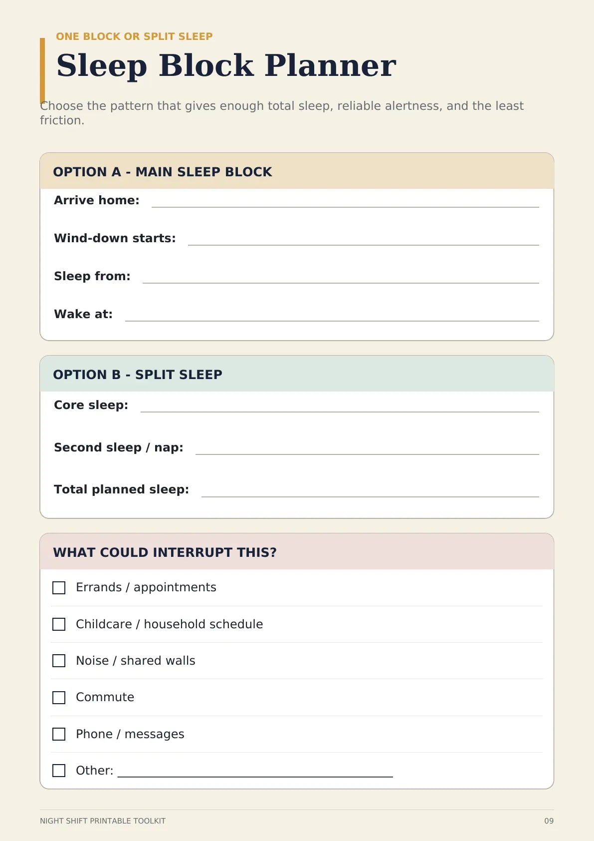 Sleep Block Planner printable page