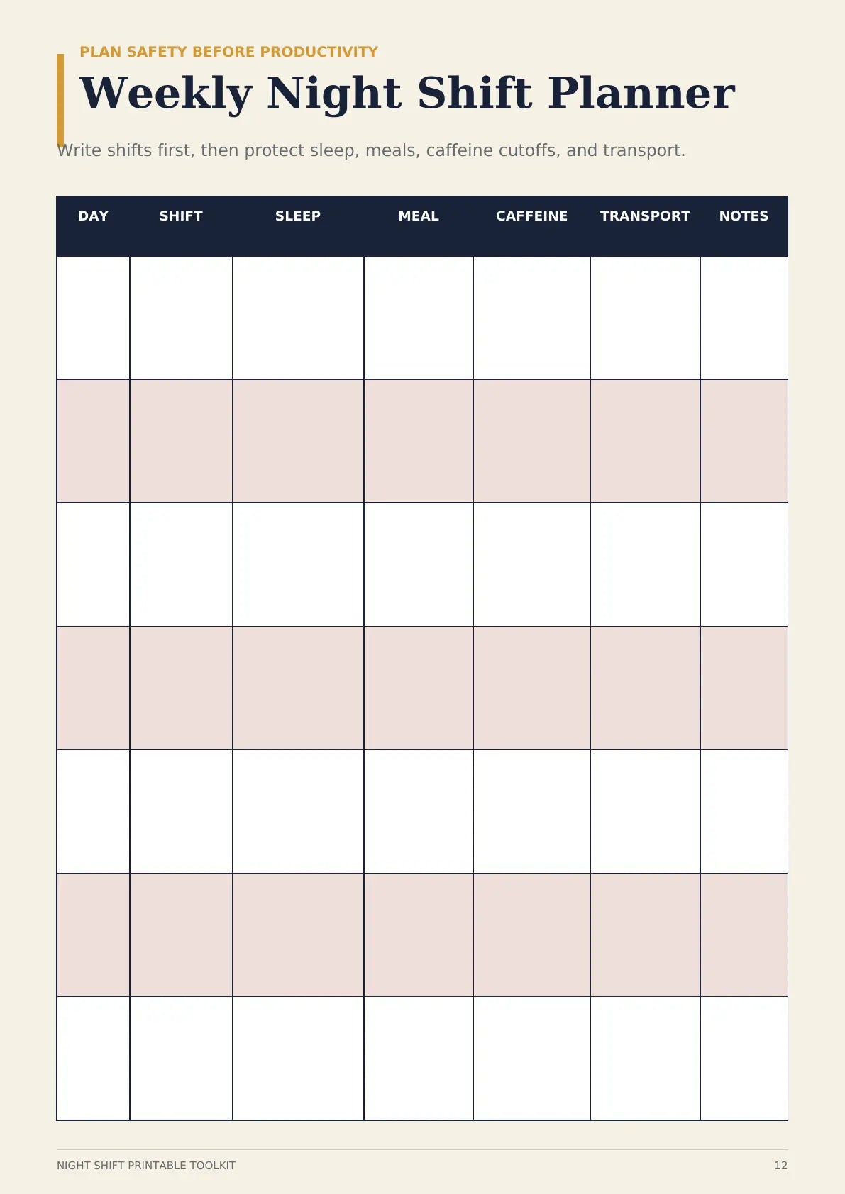 Weekly Night Shift Planner printable page