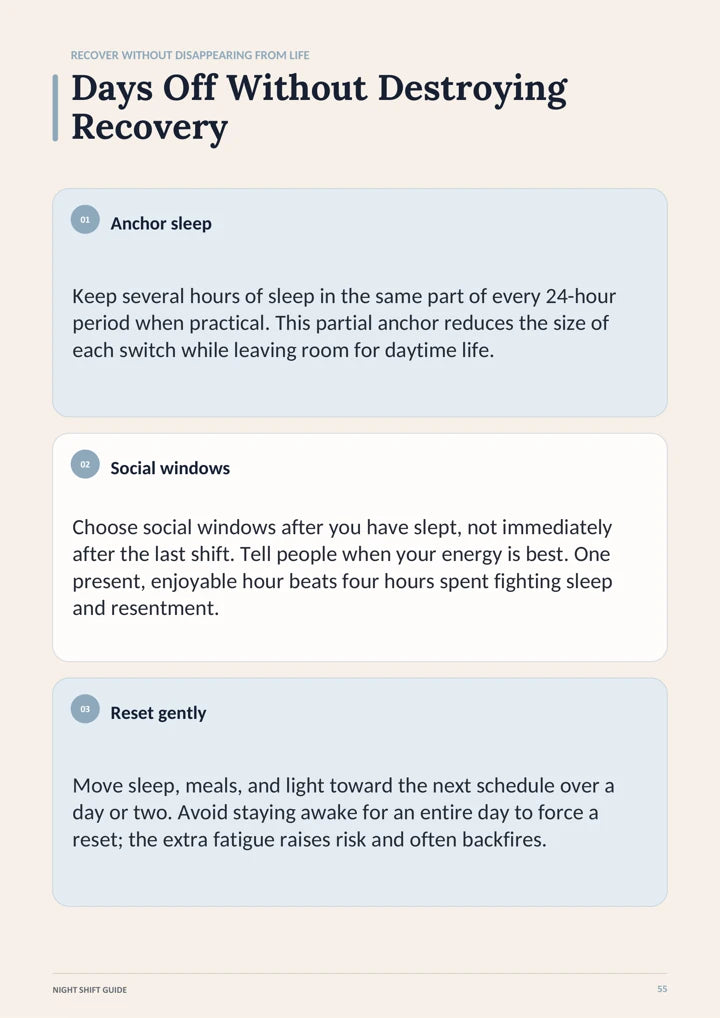 Actual days off page from the Night Shift Sleep Survival Guide